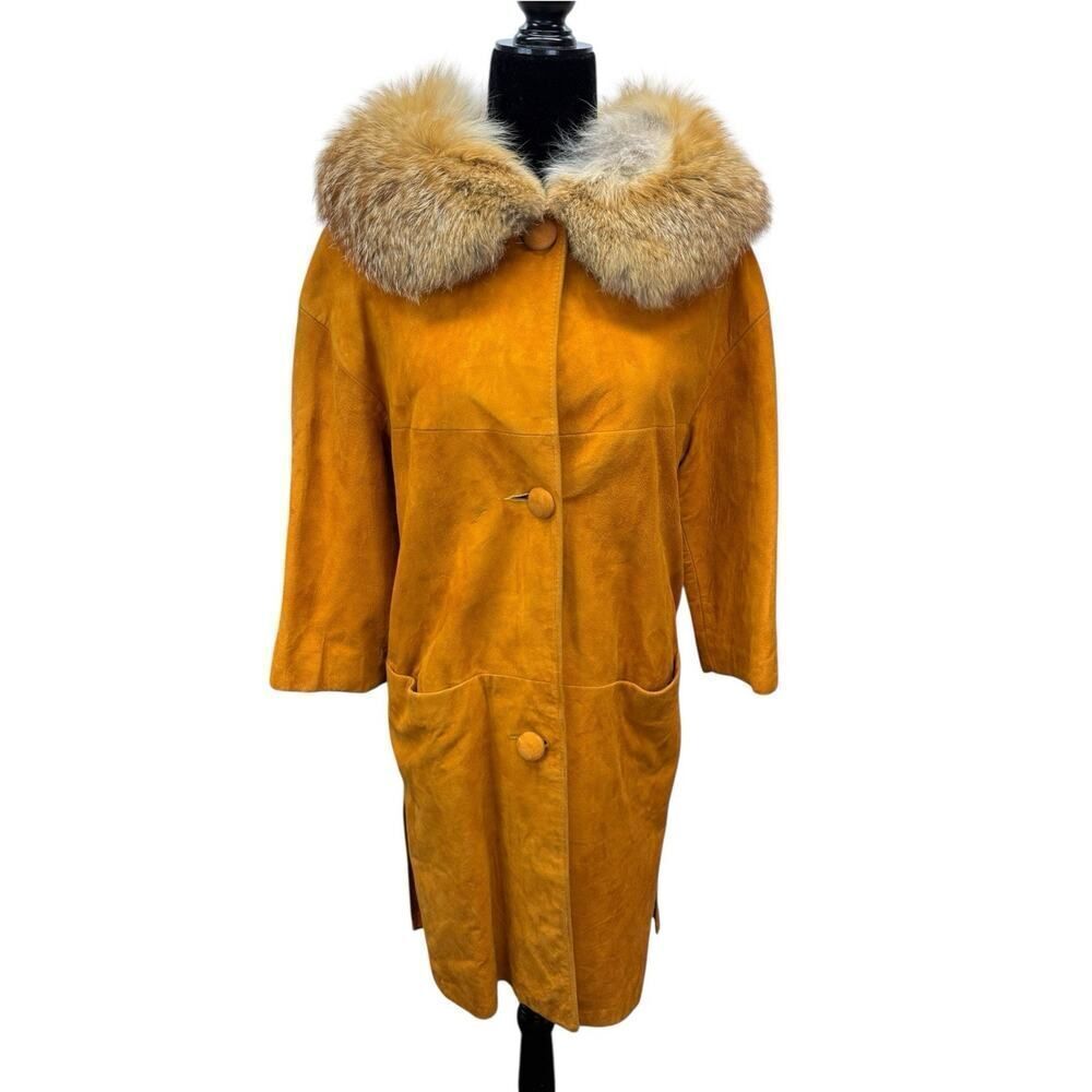 Vintage Evans Suede Coat Orange Real Fur Collar Trim Leather Jacket S M